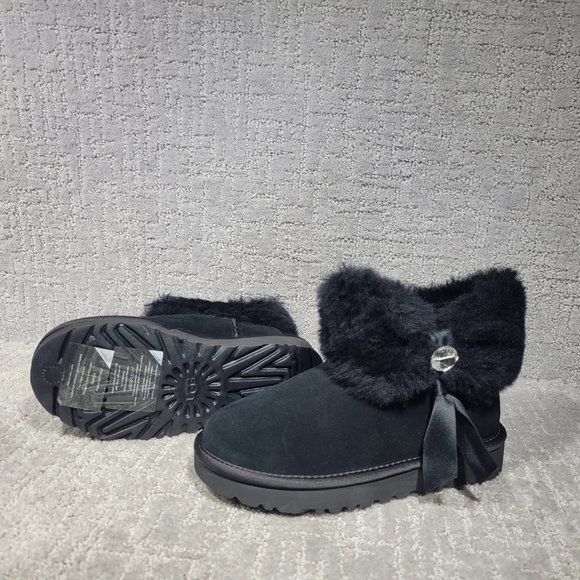 Ugg Bailey Bling Womens Size 5 Black Suede Ankle Fur Trim Snow Boots 1106909 NEW - Picture 2 of 10